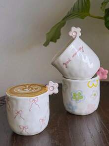 1pc 270ml Cute 3D Floral Ceramic Mug With Handle & Bow Decor, Suitable For Coffee, Latte, Breakfast, Gift