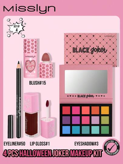  MISSLYN 4-Piece Halloween Clown Makeup Set, Includes: Vivid Eyeliner Pencil, Smooth Eyeshadow & Eyeliner Pencil, Black Clown Eyeshadow Palette, 15-Color Pearl & Matte Eyeshadow Palette, Cupid's Kiss Lip Gloss, Playful Blush Liquid. Suitable For Halloween, Pumpkin, Clown, October 31st, Y2K Makeup