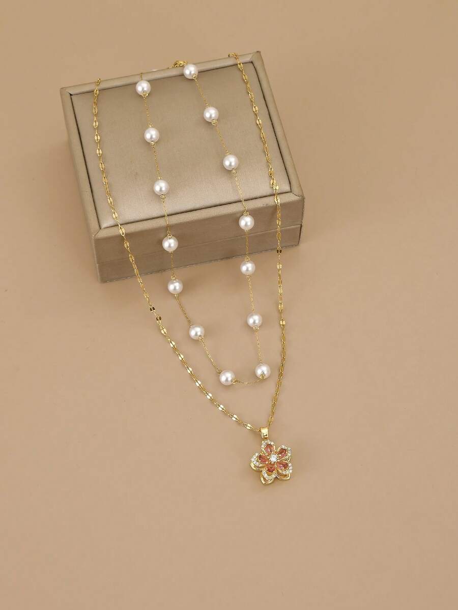 2 piezas Elegante y exquisito conjunto de collar de mujer con flor giratoria de perla de acero inoxidable, joyería de acero inoxidable impermeable, collar dorado, joyería de alta calidad chapada en oro, collar de otoño, regalo de cumpleaños, regalo para parejas, regalo de pareja, regalo