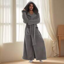New Autumn/Winter Hooded Robe, Unisex Casual Loose Warm Fleece Bathrobe, Sleepwear, Soft Plush Long Sleeve Robe For Lounging