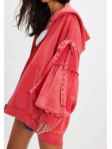 Women Oversized Zip Up Sweatshirt Open Front Loose Fit Long Sleeve Tie Bow Hoodies Y2K Streetwear With Pockets - 紅色 - 查看 3