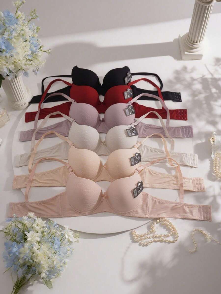 Sujetadores para mujer, copa B, paquete de 6, 6 colores, copas cómodas de cobertura total, tres broches, tirantes ajustables, adorno de lazo, sujetadores de rayas sólidas sexys y cómodos. - Negro - Ver 1