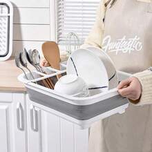 1pc Foldable Plastic Dish Drying Rack With Cutlery Holder, Space-Saving Dish Drainer Basket, Suitable For Home, RV, Camping - Great For Travel Trailers And Campers, Kitchen Essential - Grey - View 2