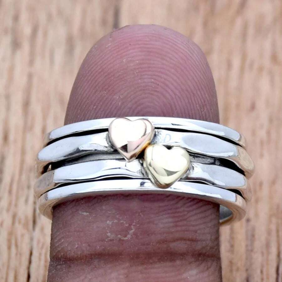 Nhẫn thời trang tối giản dành cho nữ, thiết kế tròn nhiều lớp với họa tiết trái tim sáng tạo được chạm khắc, phụ kiện đa năng dành cho nữ, quà tặng ngày lễ, trang phục hàng ngày - Bạc - Xem 1