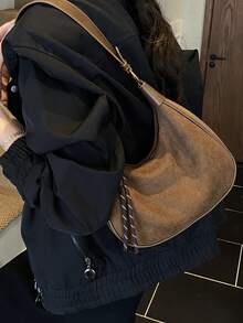 1 pièce Nouveau sac de mode décontracté de design de niche pour femmes, sac sous le bras rétro en forme de croissant, sac bandoulière polyvalent, en matériau PU, avec sangle réglable, convient pour un usage quotidien, les courses, les déplacements, le travail, l'université - Tabac - Voir 3