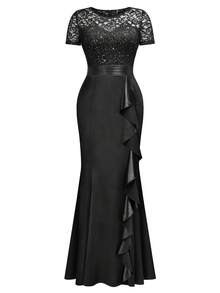 MIUSOL Elegant Women's Maroon Sequin Floral Lace Ruffle Trim Satin Mermaid Hem Maxi Dress, Formal Evening Gown For Wedding Guest, Graduation, Evening Party, Vacation, Dinner - 黑色 - 查看 7