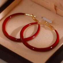 1 par de pendientes de aro grandes a juego de diseño de moda y sencillo. Nuevos pendientes de aro grandes de alta gama, diseño personalizado para rostros cuadrados y redondos - Rojo - Ver 2