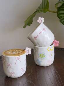 1pc 270ml Cute 3D Floral Ceramic Mug With Handle & Bow Decor, Suitable For Coffee, Latte, Breakfast, Gift