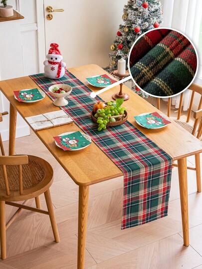 1 szt. bieżnik na stół w zieloną kratę "Wesołych Świąt", w starodawną zieloną kratę, gruba szczotkowana tkanina, nadaje się do kredensu, szafki, nadaje się do prania, do wystroju kuchni, jadalni, salonu, na imprezy, Boże Narodzenie, Nowy Rok