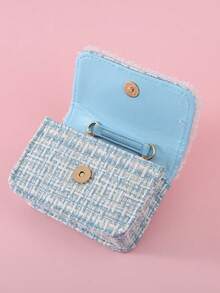 1pc Mini Bow Pearl Lace PU Metallic Chain Flap Closure Cute Handbag Shoulder Bag Snack Bag, Suitable For Teenagers Daily Outing And Festivals - Blue - View 4