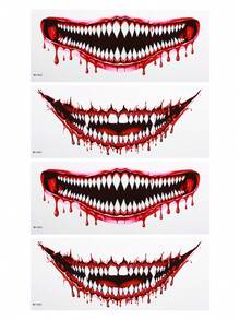 4 hojas de tatuajes temporales de terror de Halloween, tatuajes temporales impermeables, diseño de fauces y dientes densos de monstruos aterradores, de un solo uso, accesorios para festivales, adecuados para accesorios de adultos para maquillaje de fiesta, accesorios para rave