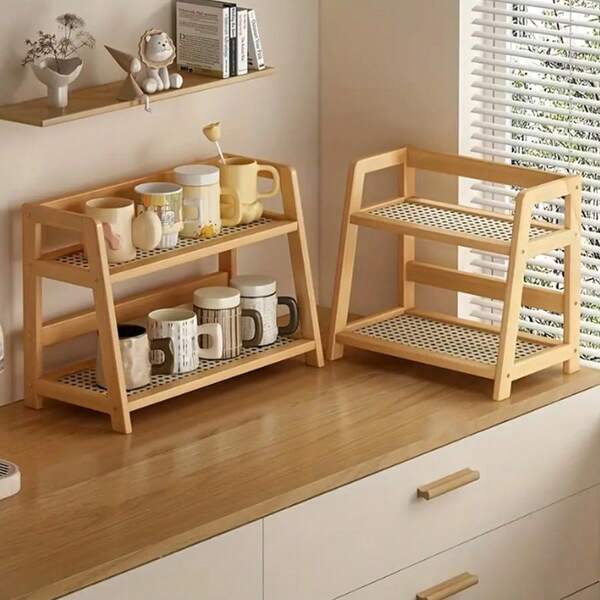 1pc Bamboo Double-Tier Desktop Organizer For Cosmetics, Stationery, And Desktop Sundries Ideal For Dorms, Bedrooms, Offices, And Kitchens - Countertop Mount, Wood Finish, Trapezoidal, Bamboo Shelving