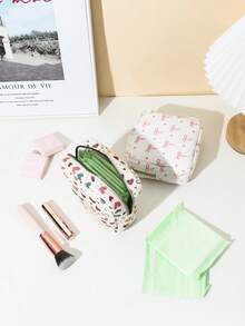 1pc Pink Bow Floral Print Sanitary Napkin Pouch, Mini Cosmetic Bag, Multifunctional Sanitary Napkin Organizer, Compact Square Bag, Women's/Girls' Travel Cosmetic Case, Cute Zipper Pouch Coin Purse, Campus Style, Suitable For School, Work, Travel, Makeup Bag, Skincare Bag, Toiletry Bag, Packaging Box, Travel Essentials