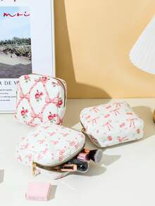 1pc Pink Bow Floral Print Sanitary Napkin Pouch, Mini Cosmetic Bag, Multifunctional Sanitary Napkin Organizer, Compact Square Bag, Women's/Girls' Travel Cosmetic Case, Cute Zipper Pouch Coin Purse, Campus Style, Suitable For School, Work, Travel, Makeup Bag, Skincare Bag, Toiletry Bag, Packaging Box, Travel Essentials