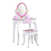 Children's Vanity Table Set | Kids Princess Dressing Table With Mirror And Stool | High Quality Wooden Dresser Table Set For Girls Makeup | Vanity Table With Mirror And Stool, Fashion Makeup Vanity Set With Drawer - Pink+White - View 6