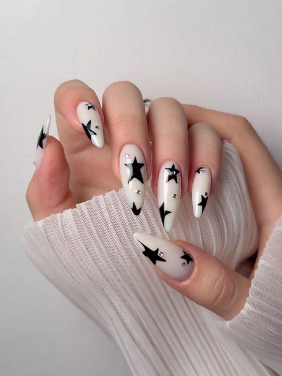 24片长杏仁形白色美甲贴片，带星星和水钻设计，适合女性和女孩日常佩戴，假指甲和美甲用品 - 彩色 - 查看 1