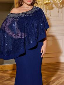 SUPGIR Plus Women's One-Shoulder Asymmetrical Cape Sleeve Handmade Bright Diamond Chiffon Slim-Fitting Evening Dress - Royal Blue - View 4