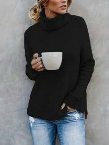 Suéter de mujer de manga larga con cuello alto y detalles de abertura, suéter de punto de un solo color, ajuste regular