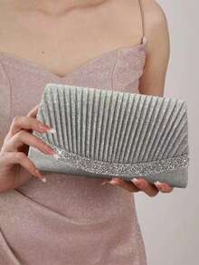 Silver Mini Glitter Evening Bag Glamorous Pleated Square Bags Sparkly Rhinestones Decor Flap Bag Metal Chain For Wedding Dinner/Banquet