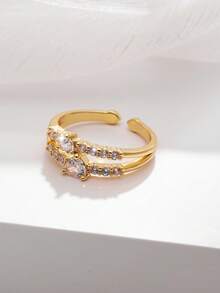 1pc Fashionable Copper Zirconia Double Layered Love Open Ring For Women's Daily Wear