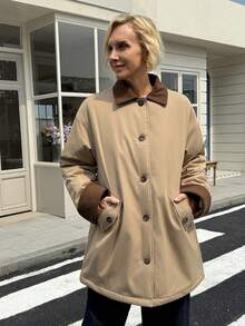 Livesso 女士撞色宽松长袖翻领口袋羽绒服，冬季女装，冬季外套 - 卡其色 - 查看 6