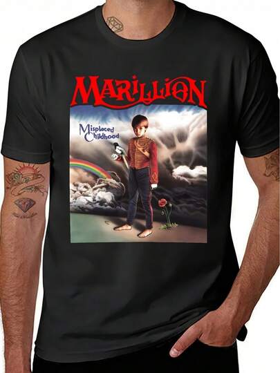 Men's Vintage Marillion Albums Graphic Tee - Black Band Shirt With Red Lettering, - Regular Fit Music T-Shirt For Concerts, Casual Wear - Machine Washable Retro Rock Merchandise For Fans, Fan Collectible, Bold Lettering Design, Highquality Print