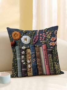 1 Vỏ gối trang trí họa tiết sách và hoa cổ điển có khóa kéo, phù hợp với nhiều loại phòng, phòng ngủ, ngày lễ, trang trí tiệc tùng, vỏ gối in hoa và gáy sách (không thêu) (chỉ in) (không có ruột) - Nhiều màu - Xem 4