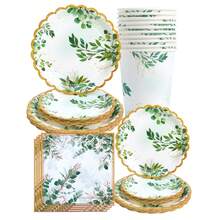 30pcs Green Leaf & Gold Trim Disposable Plates, Napkins And Cups, Party Supplies Suitable For Birthday, Wedding, Party, Family Picnic - Multicolor - View 1