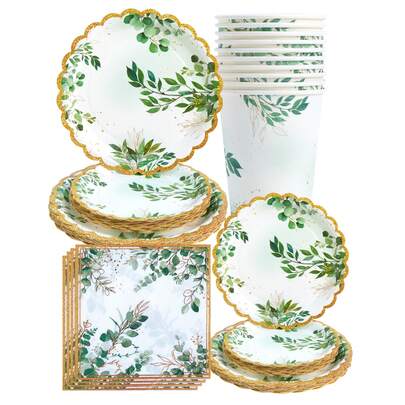 30 件绿叶和金色装饰一次性盘子、餐巾和杯子，派对用品适合生日、婚礼、派对、家庭野餐