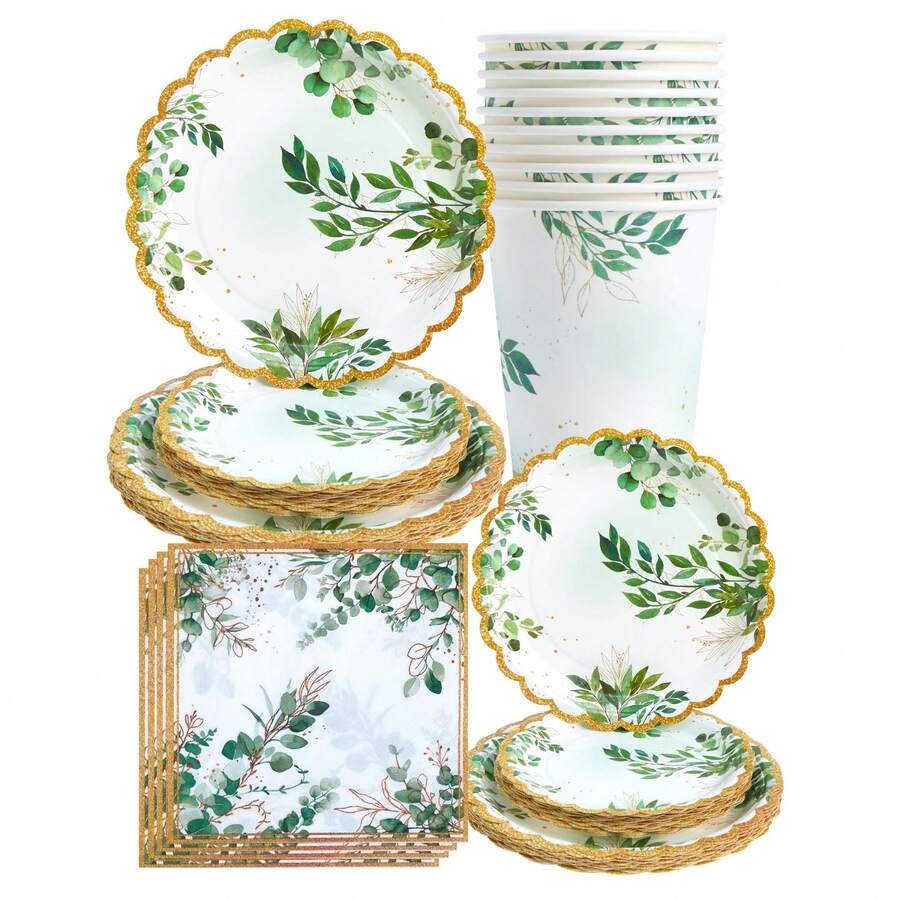 30pcs Green Leaf & Gold Trim Disposable Plates, Napkins And Cups, Party Supplies Suitable For Birthday, Wedding, Party, Family Picnic - Multicolor - View 1