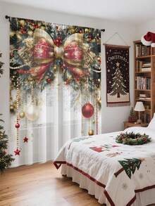 1pc Christmas Ball & Element Pattern Premium Decorative Curtain Rod Pocket Sheer Curtain, All Season Use For Outdoor, Gazebo, Bedroom, Kitchen, Office, Study, Living Room - Semi-Sheer (100g Fabric Weight) Home Decor Christmas Decorations Room Decor Christmas Decorations Home