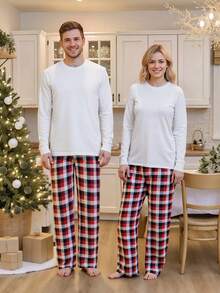Family Matching Christmas Pajama Set, Solid Color Long Sleeve Tops And Plaid Pants Sleepwear Outfits - White - View 6