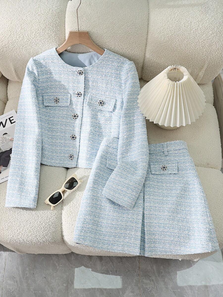 2 件套粗花呢短款夹克和迷你裙，仿口袋正面纽扣开合，优雅 - 淺藍色 - 查看 1