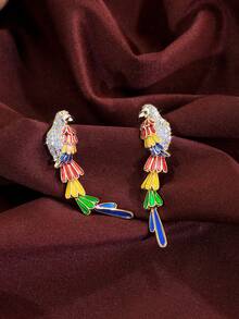 1 Pair Beautiful Multicolor Enamel Cubic Zirconia Pave Long Dangle Drop Symmetrical Bird Earrings For Women, Elegant For Festival And Party Jewelry