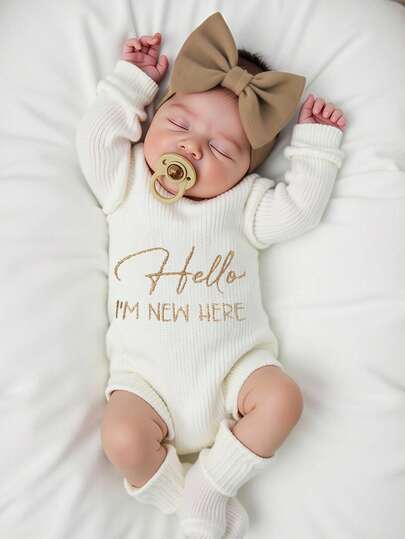 Newborn Baby "HELLO I'M NEW HERE" Embroidered Knit Bodysuit & Headband Set, Infant Photography Prop, Christening Outfit