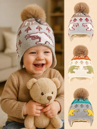 1 peça chapéu de bebê de malha com estampa de dinossauro e pompom, adorável e moderno, macio e confortável, quente para bebês de 1 a 2 anos no outono/inverno
