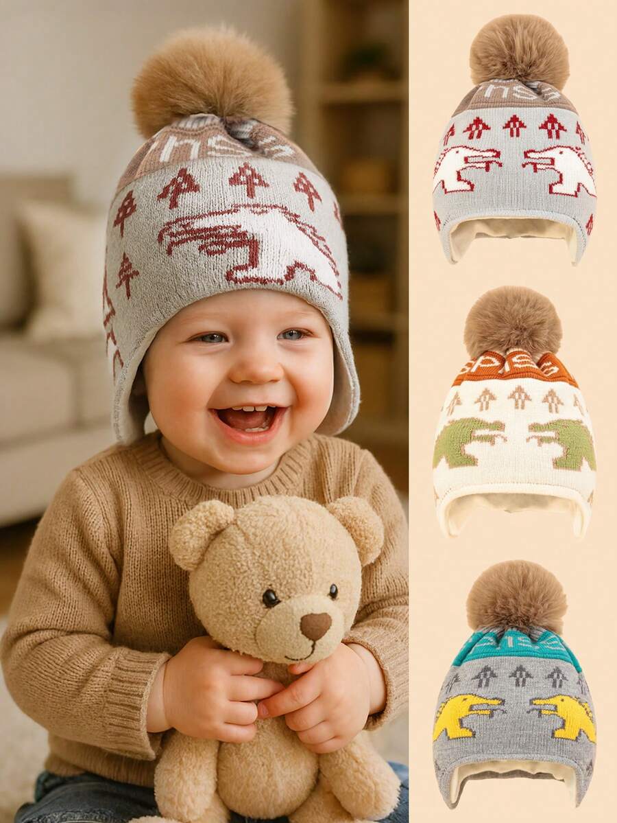1 peça chapéu de bebê de malha com estampa de dinossauro e pompom, adorável e moderno, macio e confortável, quente para bebês de 1 a 2 anos no outono/inverno