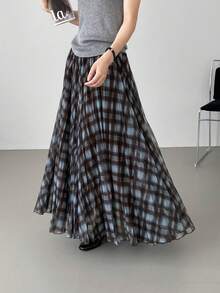 Women Skirts - Kẻ caro cà phê xanh - Xem 6