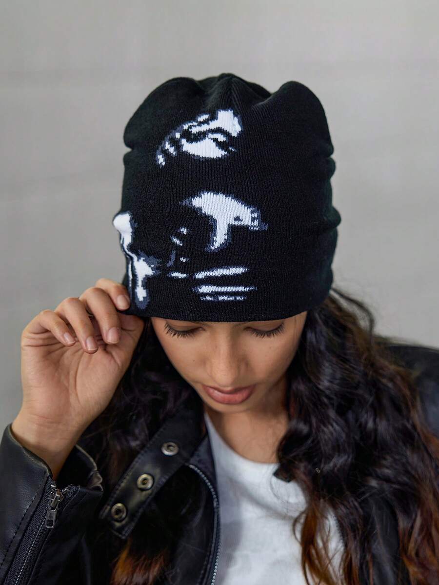 DareSee 2顶/1顶 男士几何图案休闲可爱优雅街头时尚腈纶提花Y2K针织帽，日常佩戴冬季礼物音乐节 - 黑與白 - 查看 1