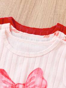 6pcs/Set Baby Girls' Fashion Casual Bow Print Long Sleeve Top And Pants Set, Suitable For Party, Leisure, Vacation, Daily Wear, Spring/Autumn - Red - View 4
