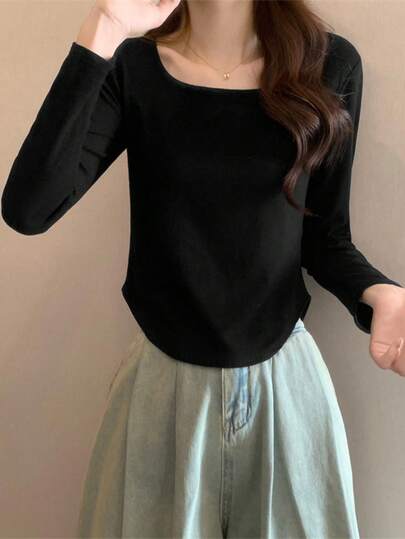 Women's Solid Color Round Neck Long Sleeve Loose Casual T-Shirt, Spring/Summer