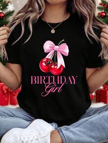 100% Cotton Christmas Women Shirt Funny Birthday Girl Cherry Coquette Bow Cute Bday Women Kids T-Shirt Print T-Shirt Casual Crew Neck Short Sleeve Comfort Tee Top For Spring & Summer Women's Clothing - 黑色 - 查看 1
