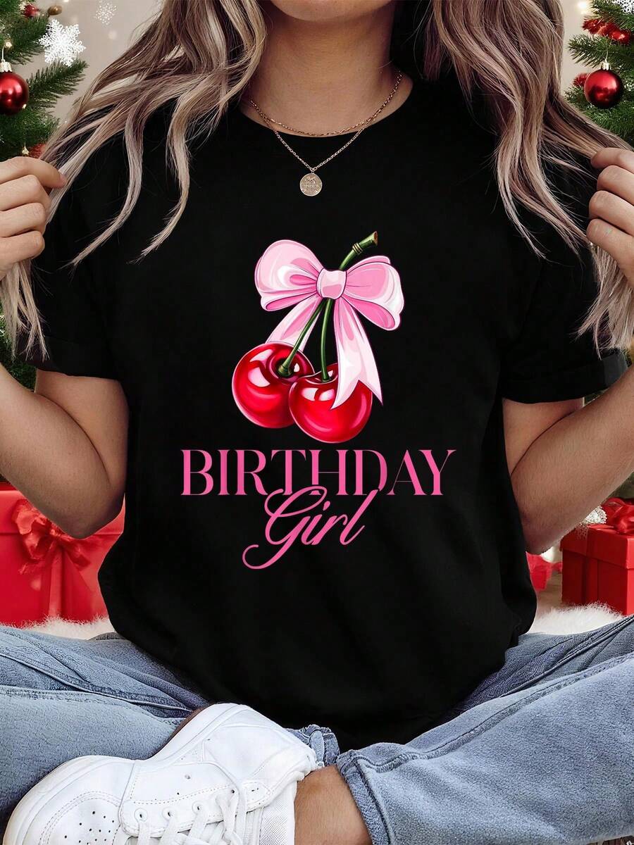 100% Cotton Christmas Women Shirt Funny Birthday Girl Cherry Coquette Bow Cute Bday Women Kids T-Shirt Print T-Shirt Casual Crew Neck Short Sleeve Comfort Tee Top For Spring & Summer Women's Clothing - 黑色 - 查看 1