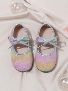 1 Paar Mädchen Ballerinas mit Farbverlauf, glänzend rosa Farbe, runde Zehenkappe, flaches Design, Schleifen Verzierung, rutschfest, süß und niedlich 2025 Schuhe, geeignet für Innen- und Außenbereich, Alltag, Schule und Grundschulaufführungen