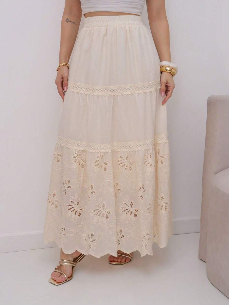 Long Skirt - Embroidered With Elastic Lining At The Waist - Cream - View 1