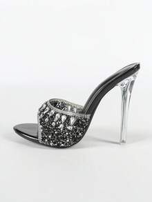 Spring/Summer Women's High Heels, Round Toe, Transparent Heel, Comfortable, Luxurious, Sparkling Rhinestones, Suitable For Parties, Gatherings, Balls, Fashionable Women's Sandals - Black - View 11