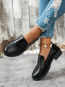 女式黑色百搭乐福鞋，全新柔软 PU 材质，圆头，加大码，英伦风格平底工作/通勤鞋，春/秋