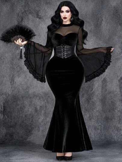 Ladies' Gothic Sexy And Elegant Halloween Ghost Bride Party Role Play Witch Costume, Lace Trim Velvet Dress With Mermaid Dress