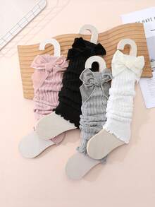 4 Paar Mädchen süße Mode Schleife Dekor gestrickte Stulpen mit Rüschenkante, geeignet für Outdoor-Tragen