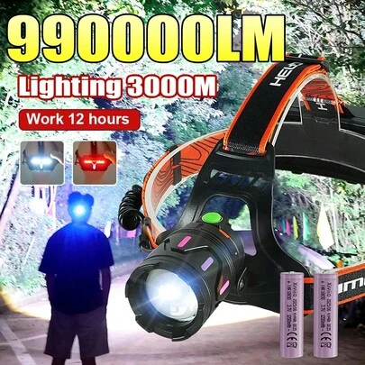 990000LM Ultra Bright Outdoor Headlight 30W LED Headlamp 18650 Long Range 3000M USB Rechargeable Head Flashlight Camping Lantern